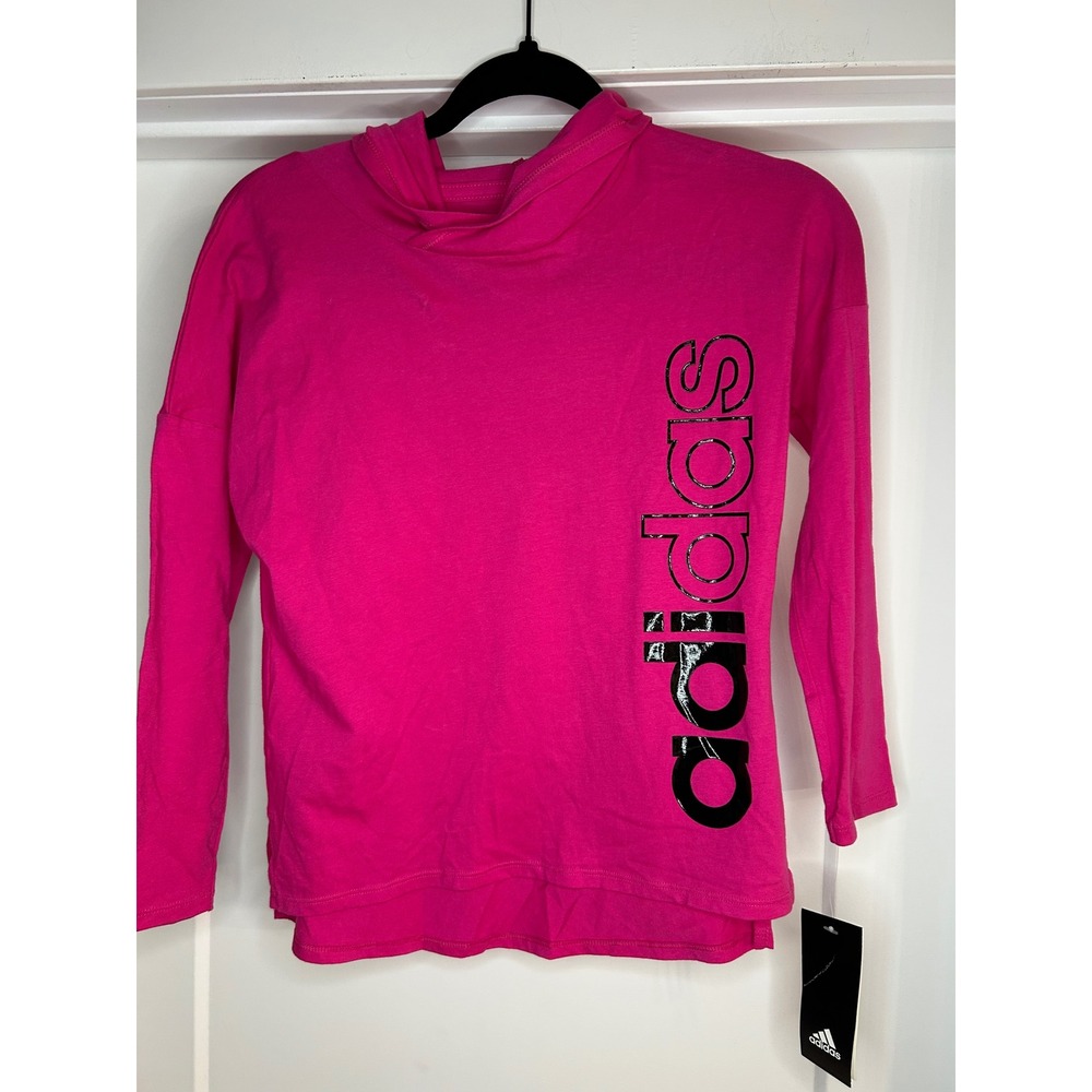 NEW Adidas Girls Magenta Pink Long Sleeve Hooded Logo Shirt Small 7-8 Sporty
